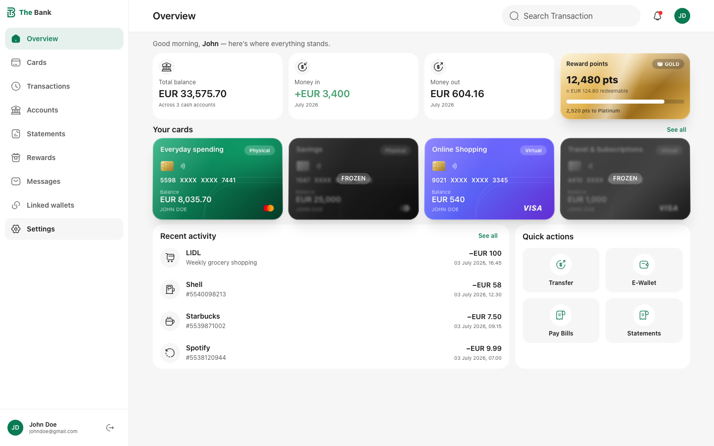 The Bank desktop dashboard showing balances, cards and recent activity